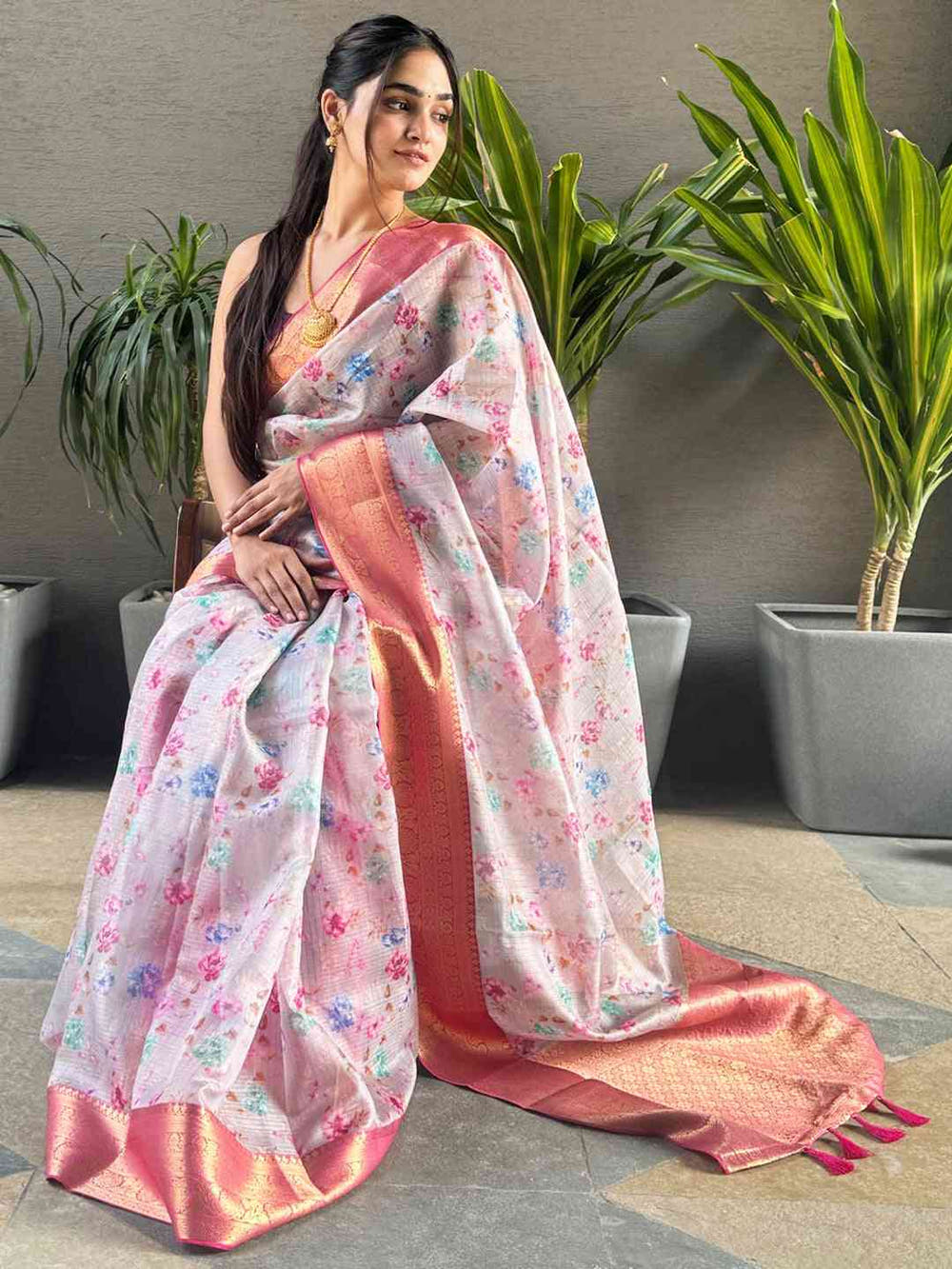 Light Pink Colour Digital Flower Print Kota Silk Saree