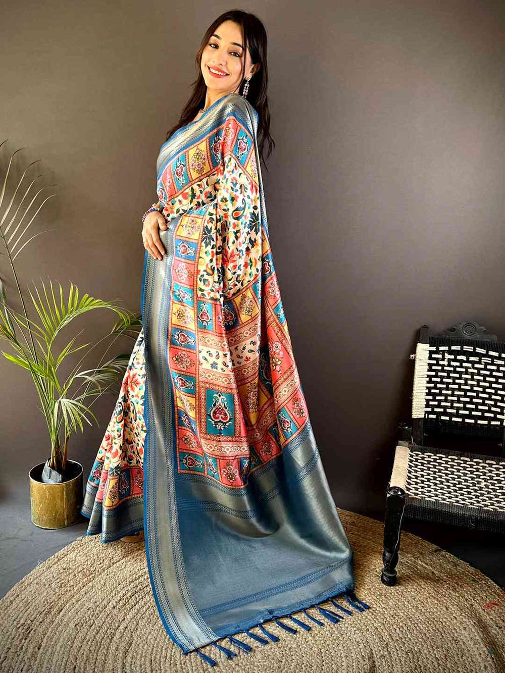 Blue Mughal Kalamkari Print Pashmina Saree