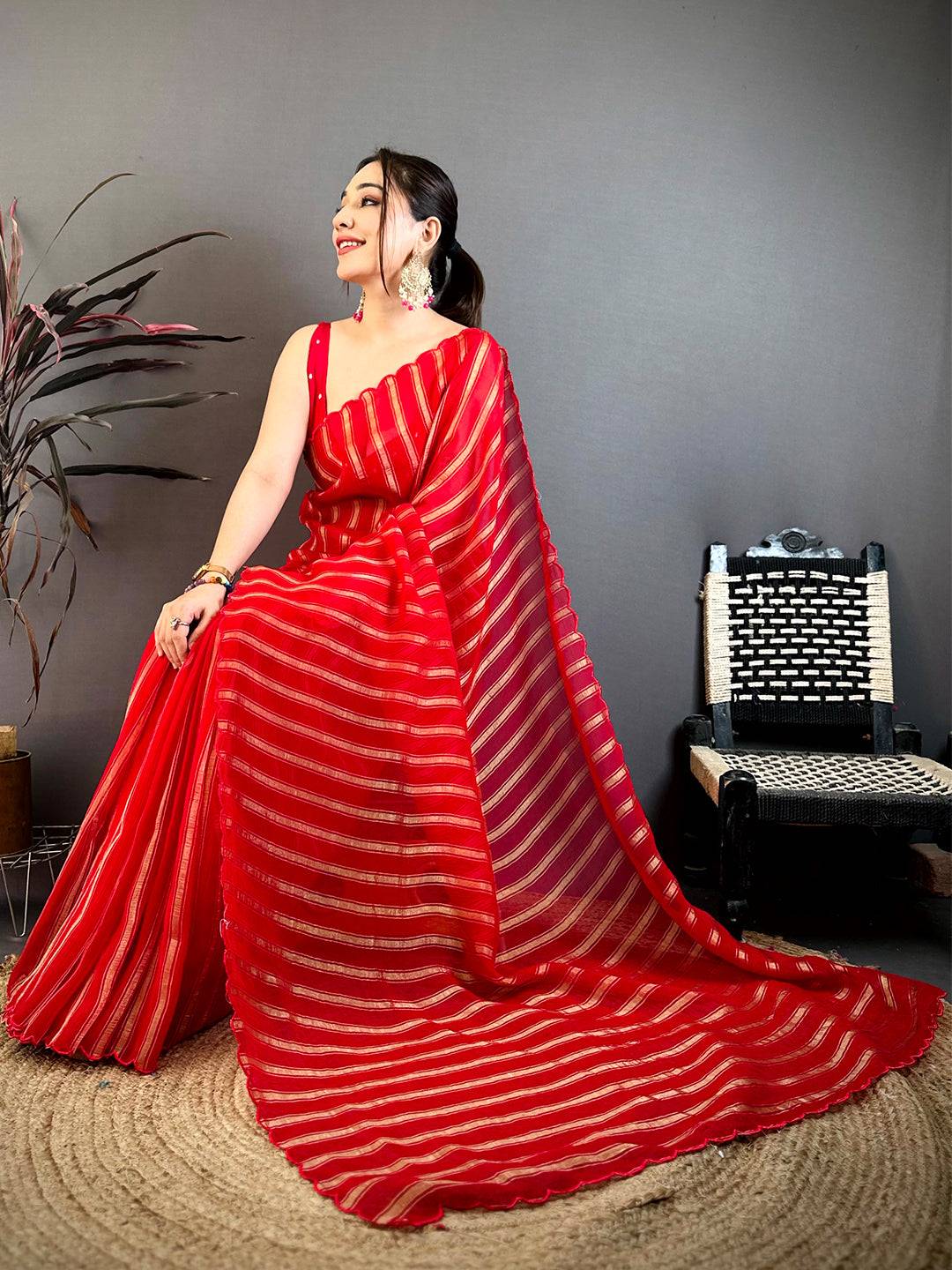 Red Gold Zari Stripe Chiffon Saree