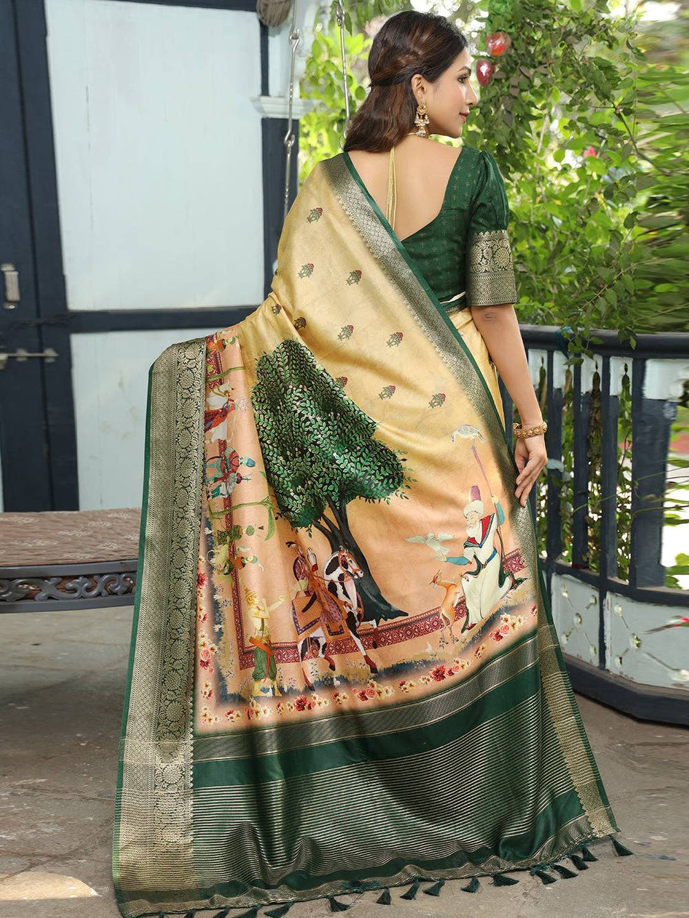 Viscose Dola Silk Yellow Colour Saree with Floral and Mughal Print - Luxe