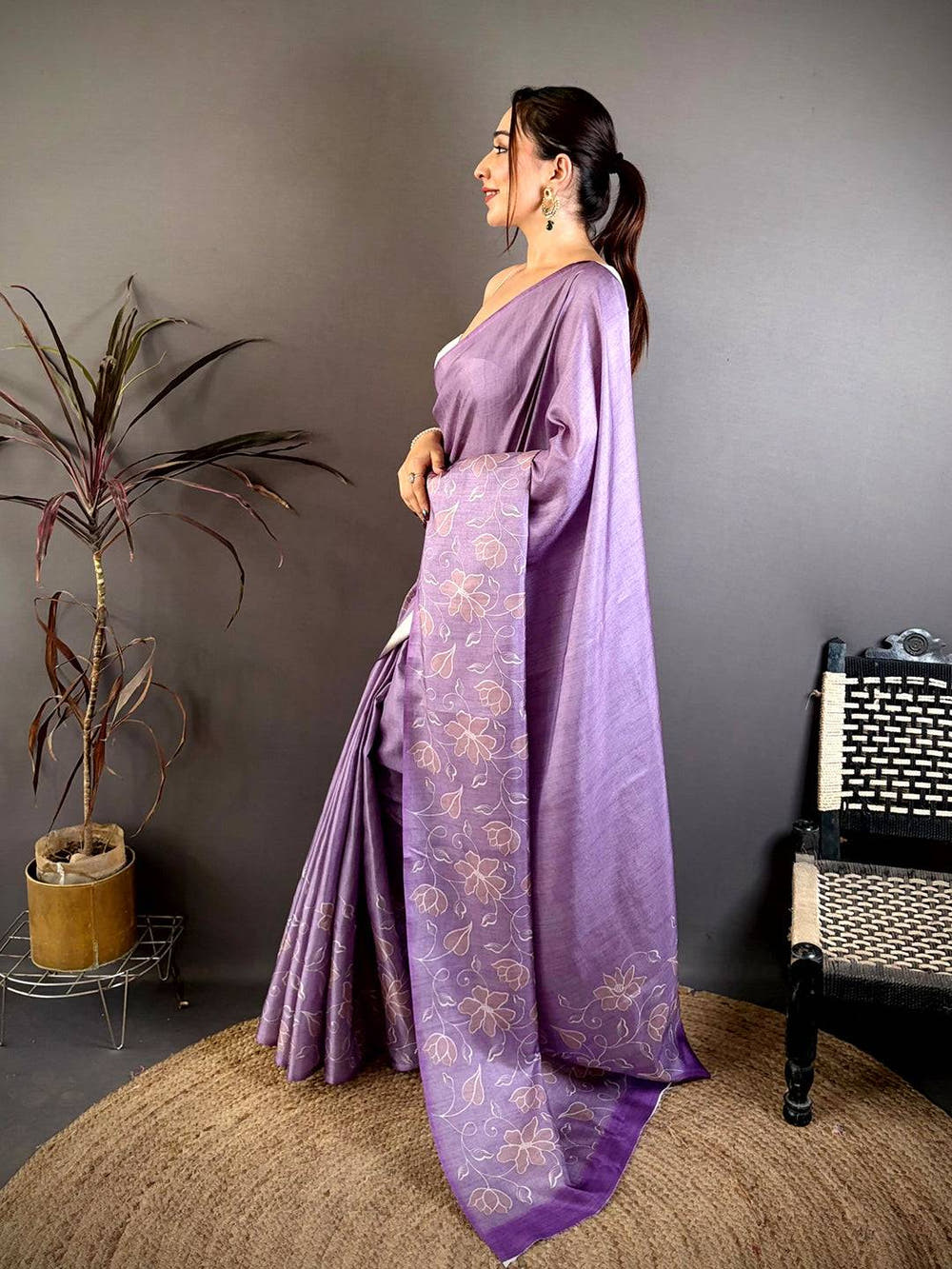 Lavender Floral Print Soft Tussar Saree