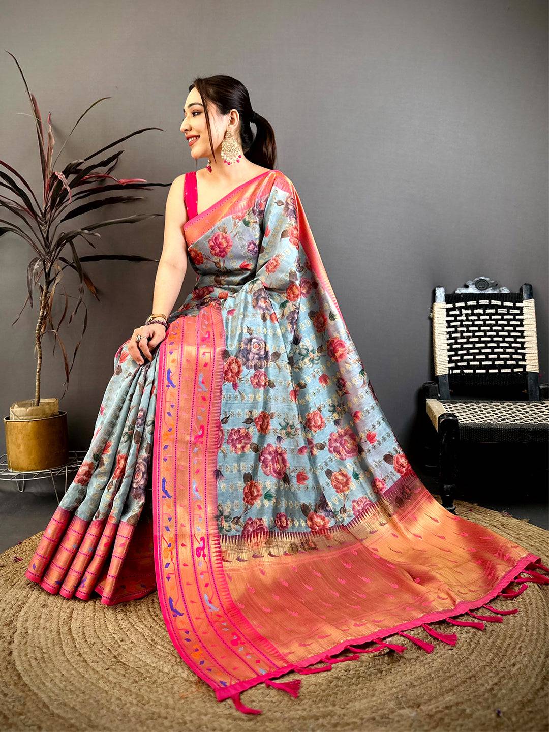 Sky Blue Paithani Border Kora Tissue Saree