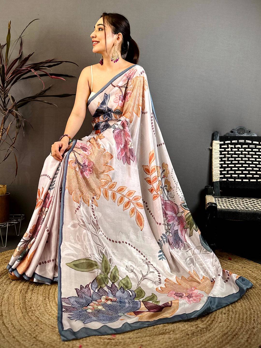 Light Grey Stone Work Floral Chinnon Saree