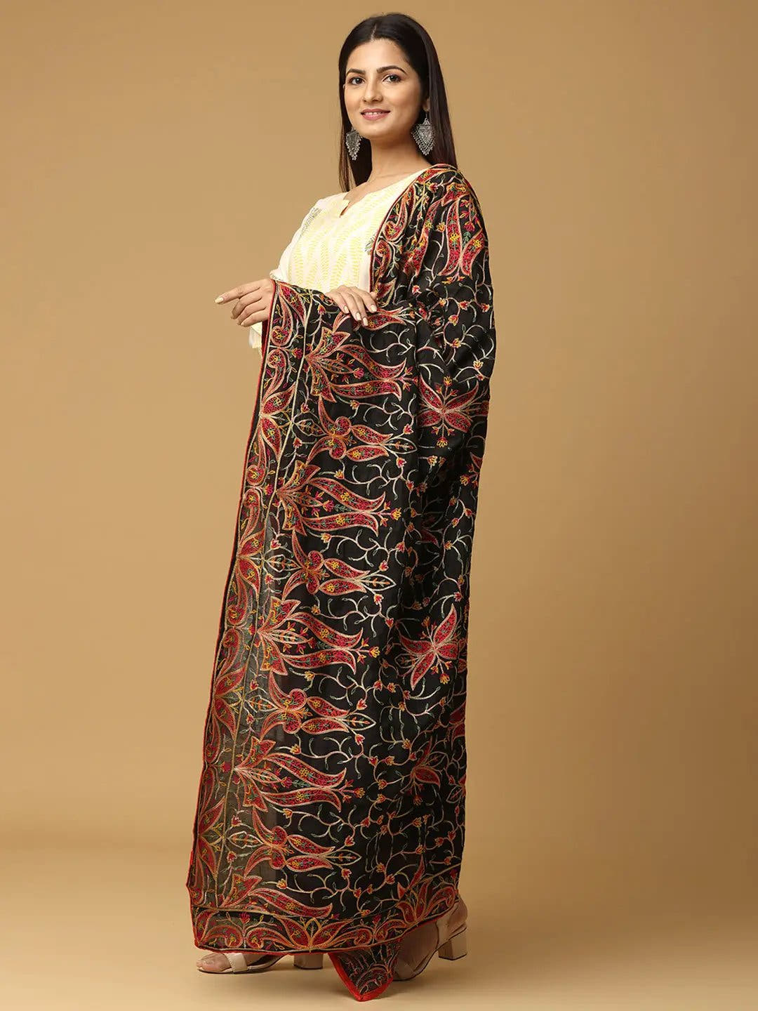 Black Brown Floral Vine Pashmina Dupatta