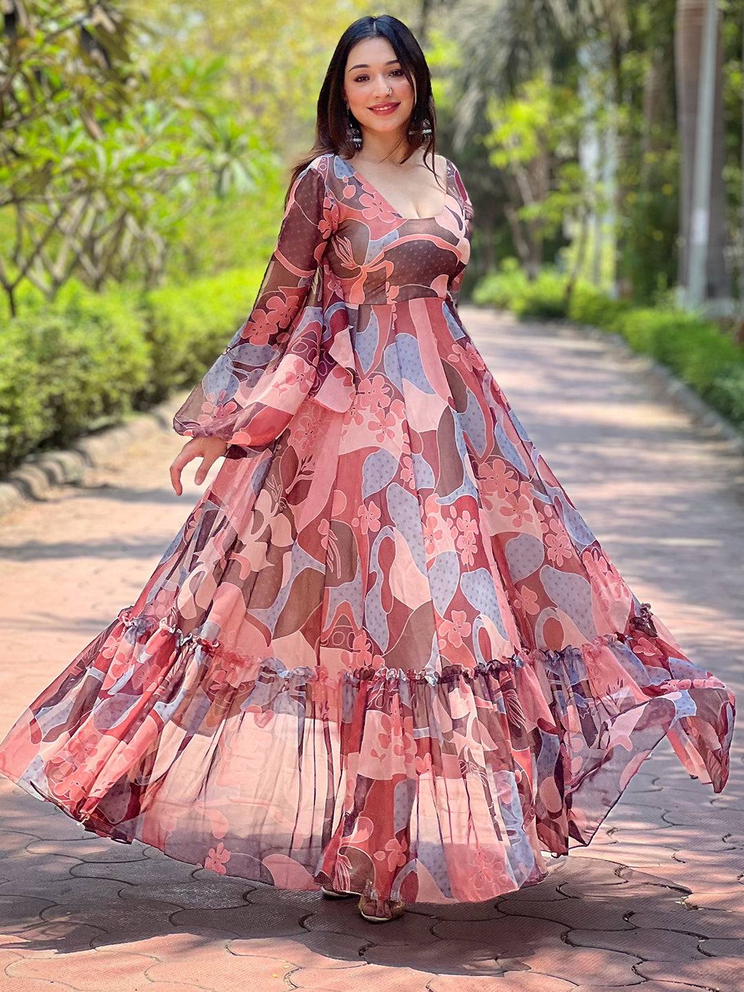 Coffee Brown Abstract Print Dress