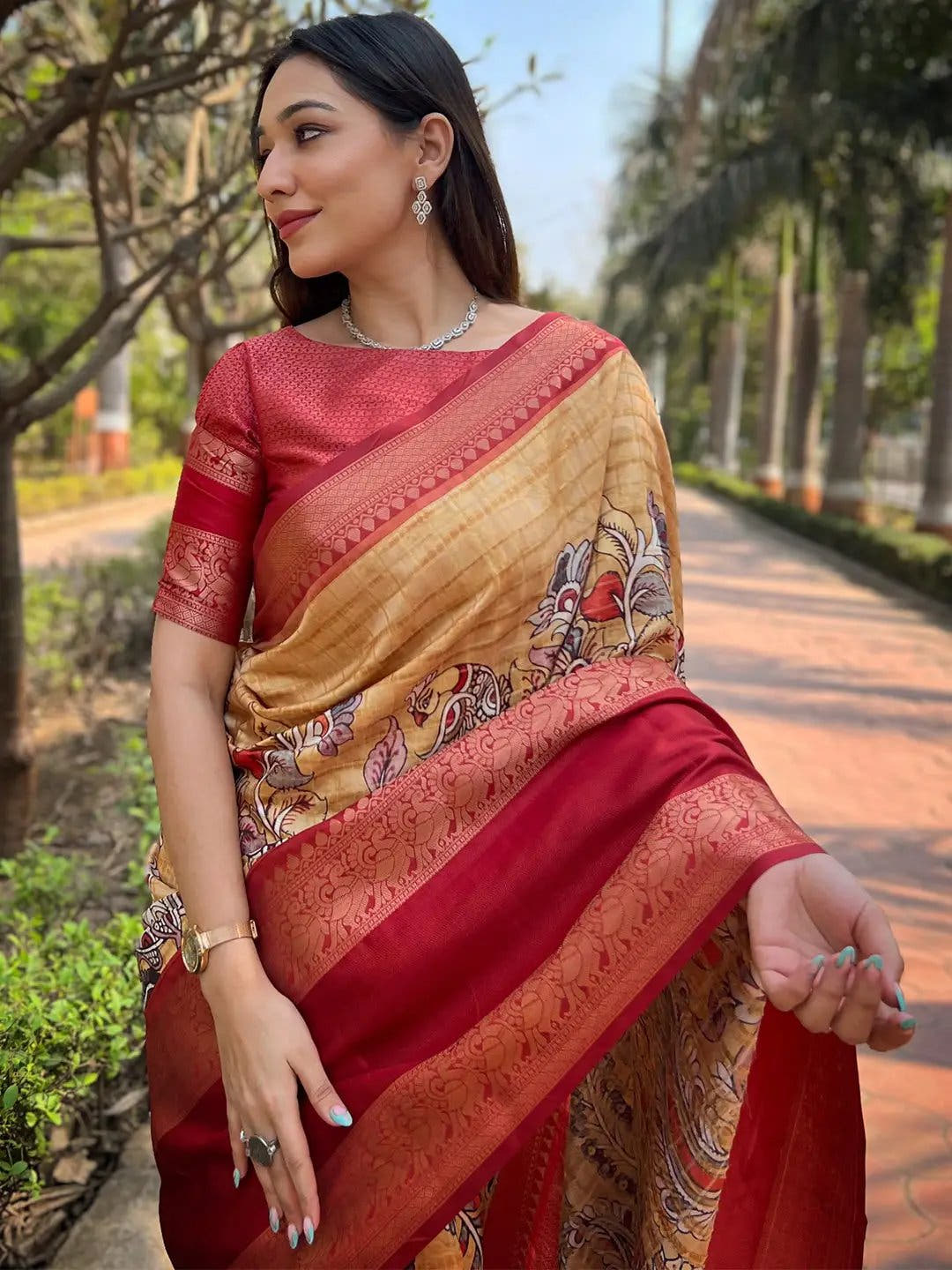 Mustard Double Border Chex Weaving Saree