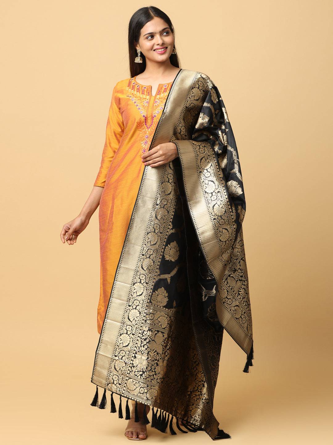 Black Silk Blend Woven Design Dupatta