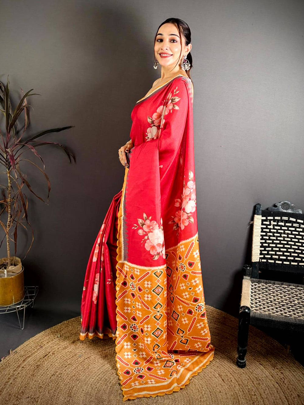 Classic Tussar Floral Ikkat Printed Saree
