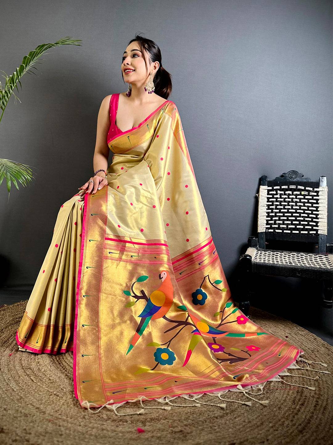 Cream Glass Tissue Yevla Paithani Saree