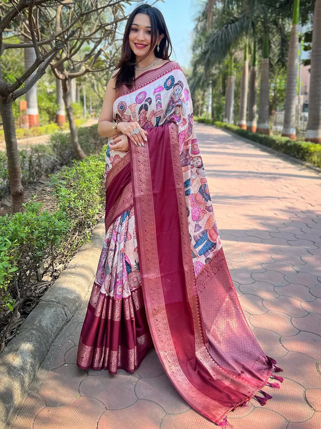 Off White Colour Double Border Chex Weaving Banarasi Soft Silk Saree
