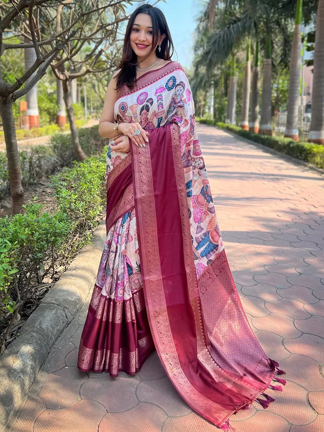 Off White Colour Double Border Chex Weaving Banarasi Soft Silk Saree