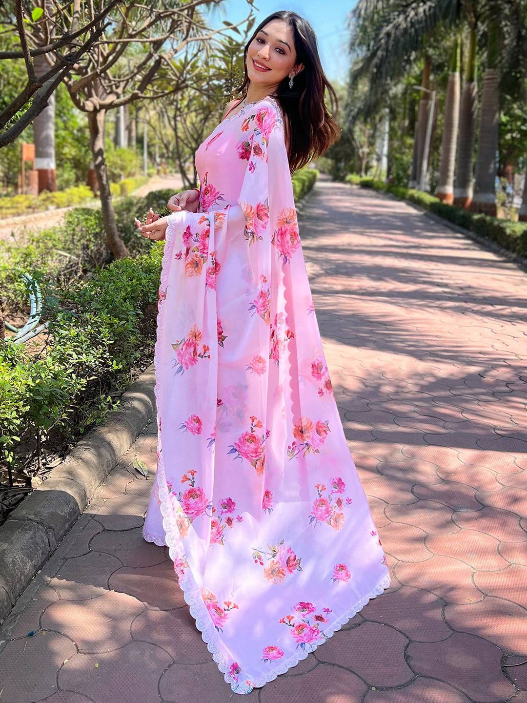 Pink Satin Georgette Floral Print Saree