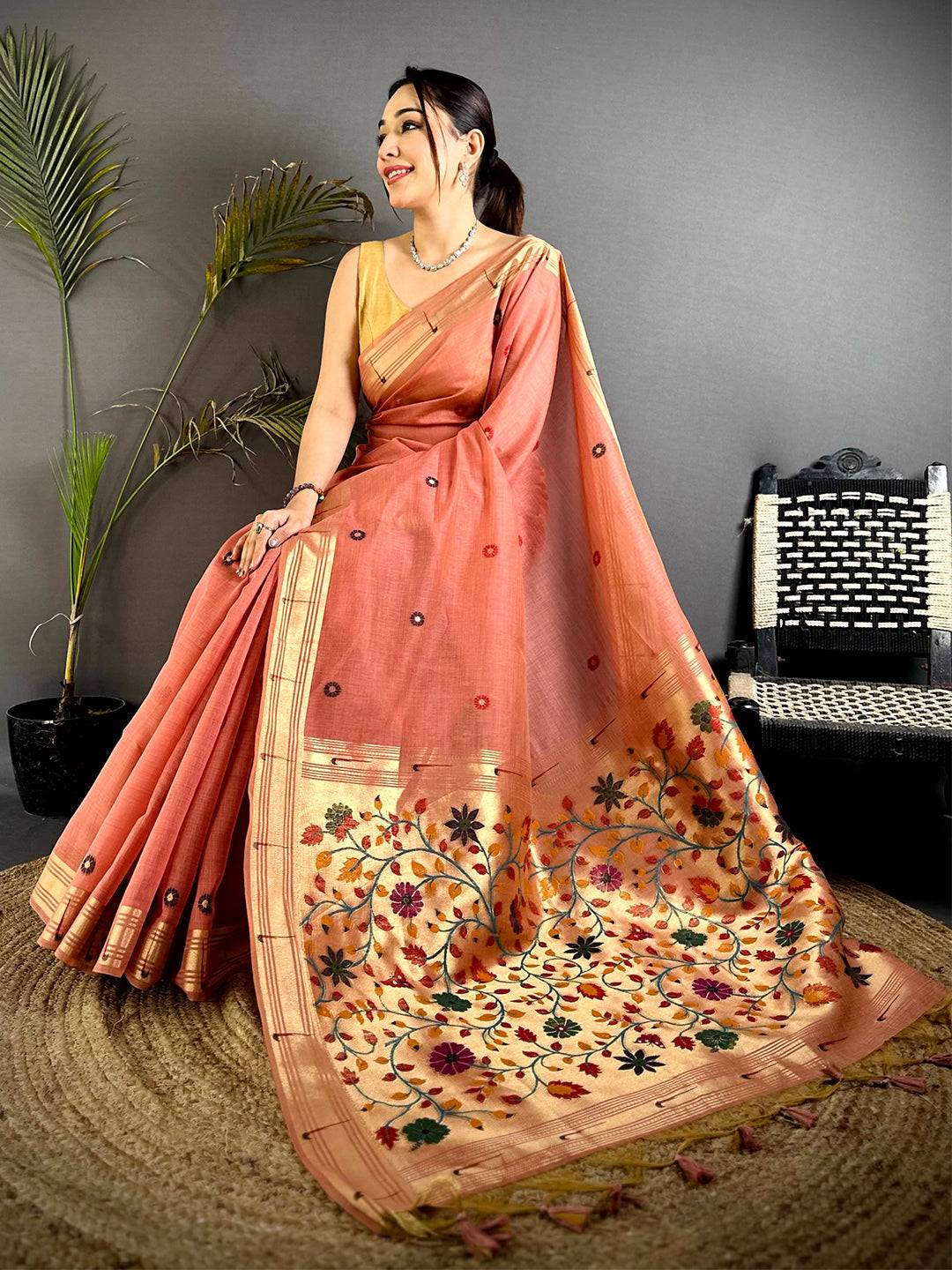 Aura Peach Minakari Butti Linen Saree