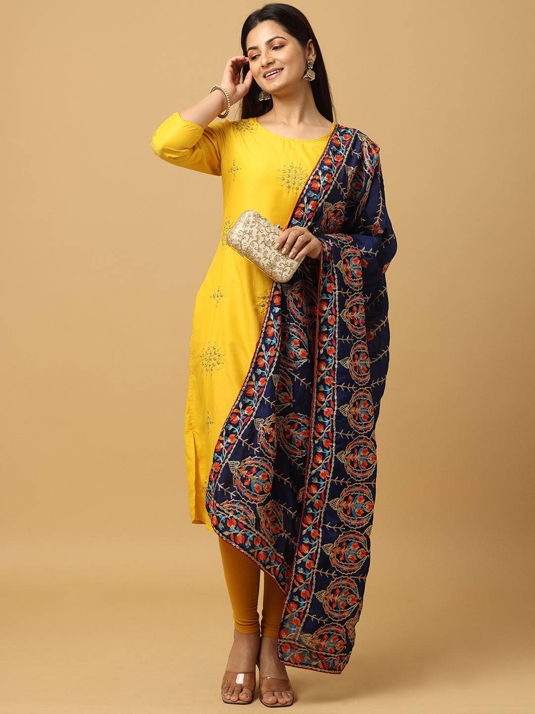 Navy Banded Stripe Pashmina Dupatta