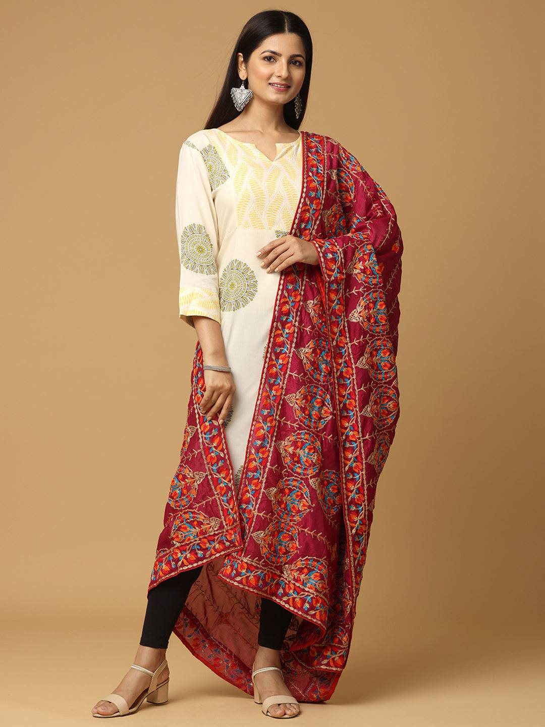 Wine Magenta Fine Work Pashmina Dupatta