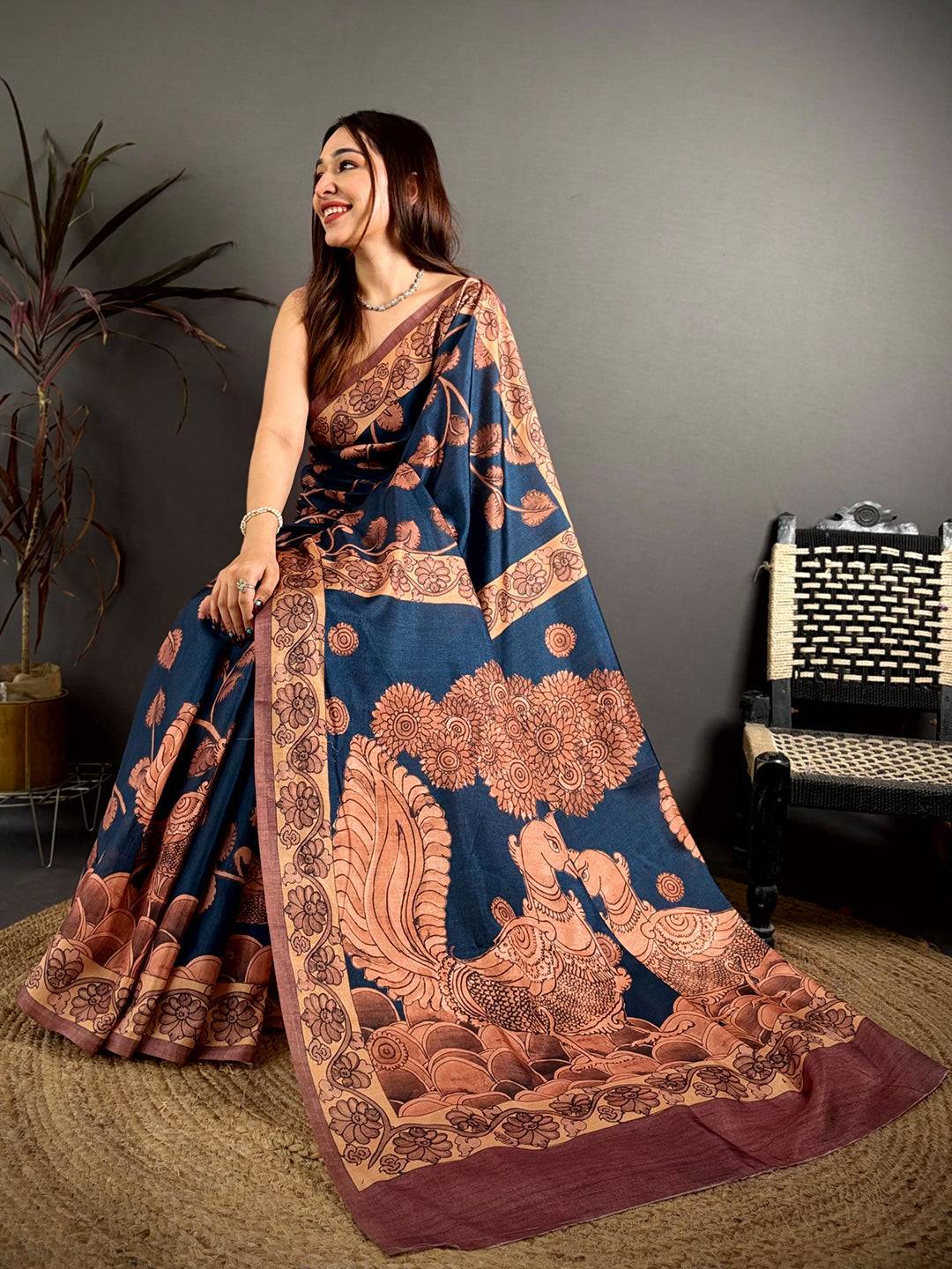 Navy Blue Soft Tussar Kalamkari Print Saree