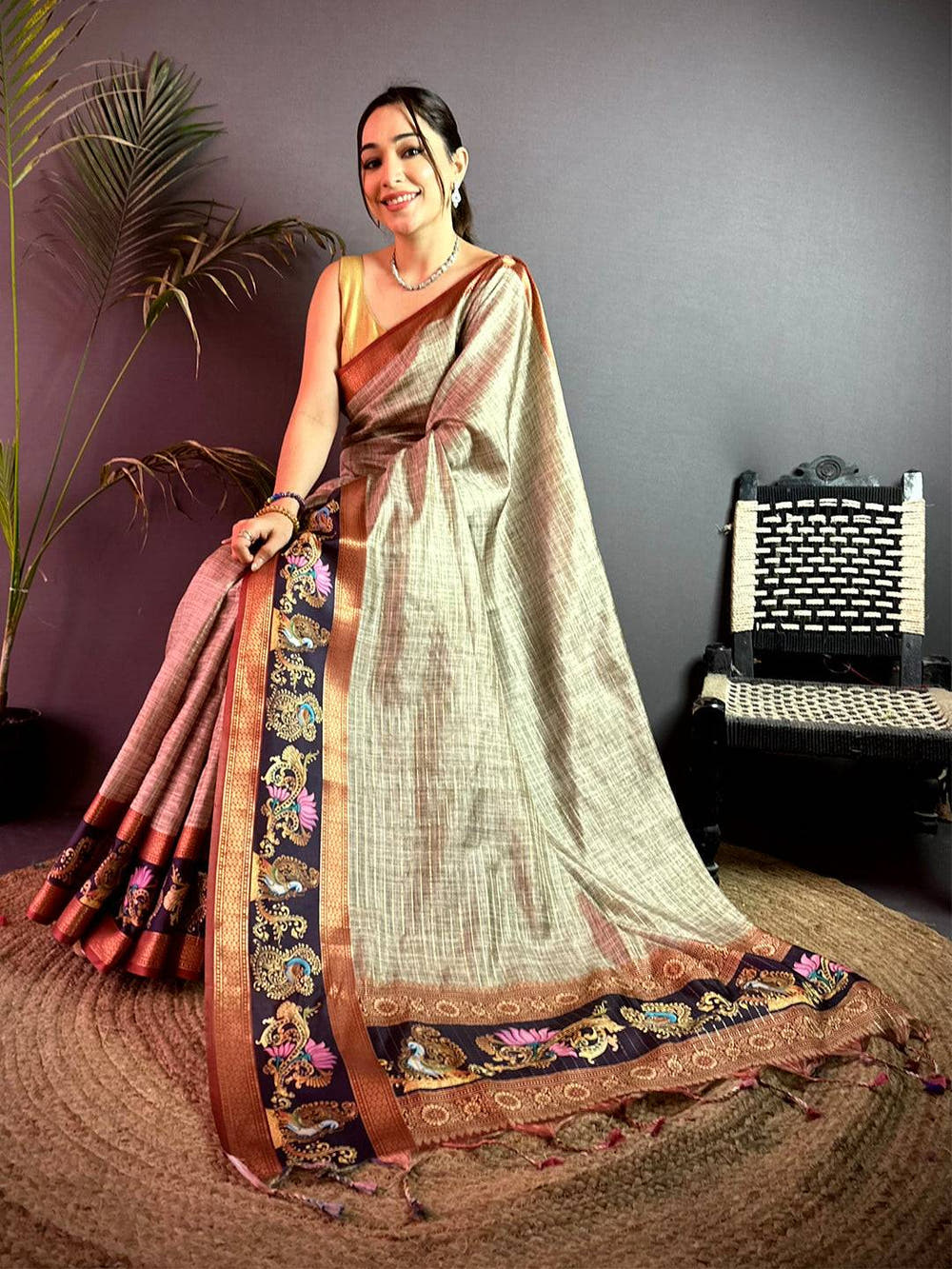 Stylish Tanjore Art Khadi Semi Silk Saree
