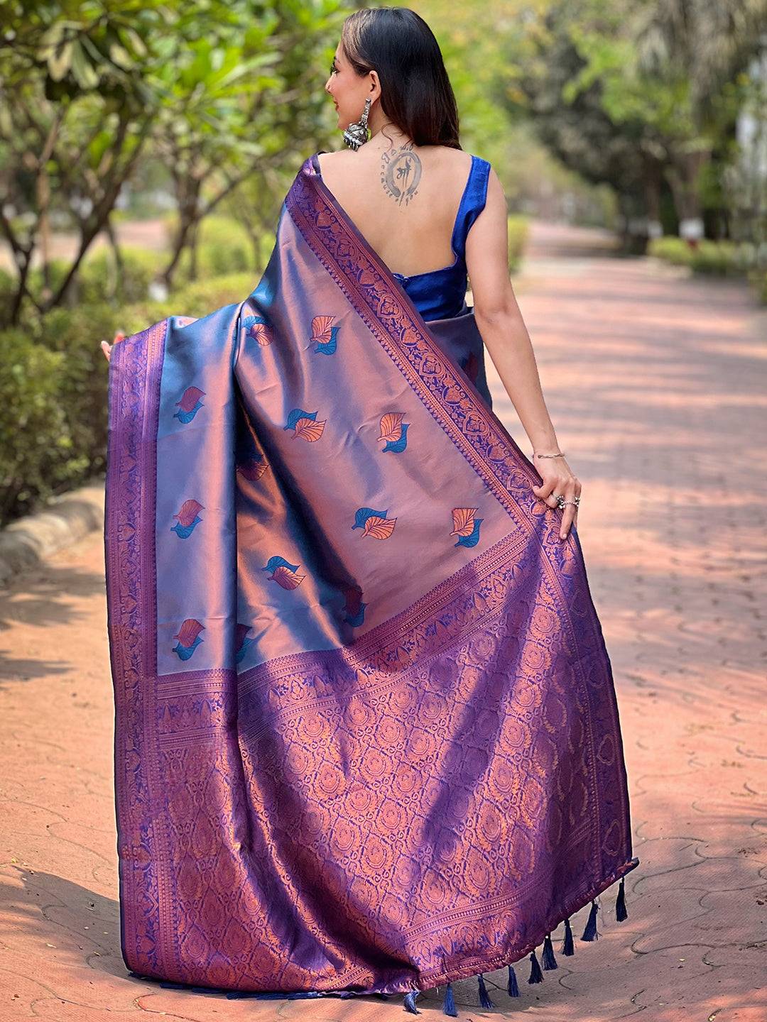 Navy Kanjivaram Tissue Saree With Gold Zari Weaving
