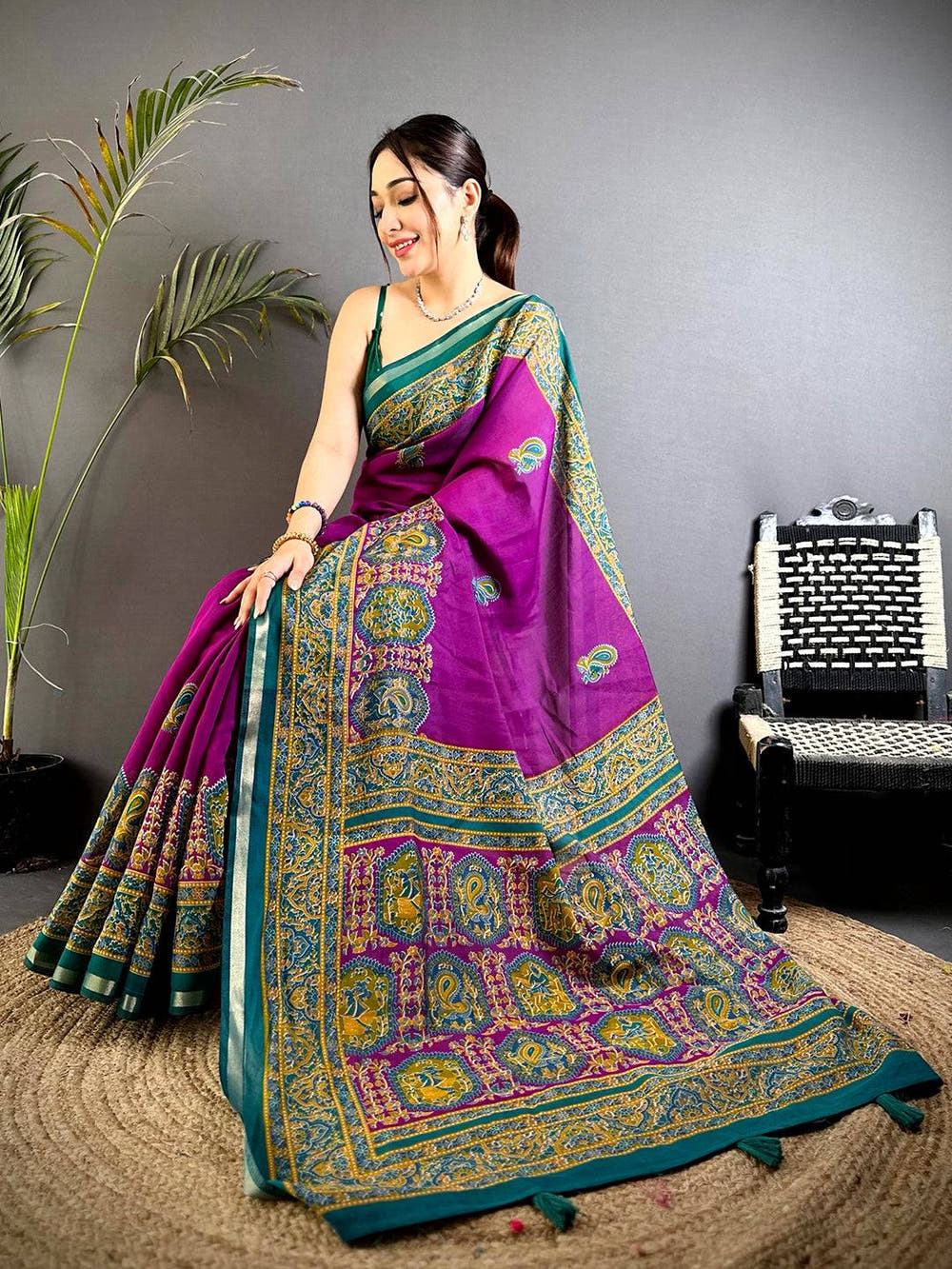 Magenta Kalamkari Pashmina Cotton Saree