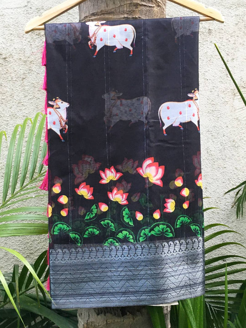 Revan Black Organza Pichwai Print Saree