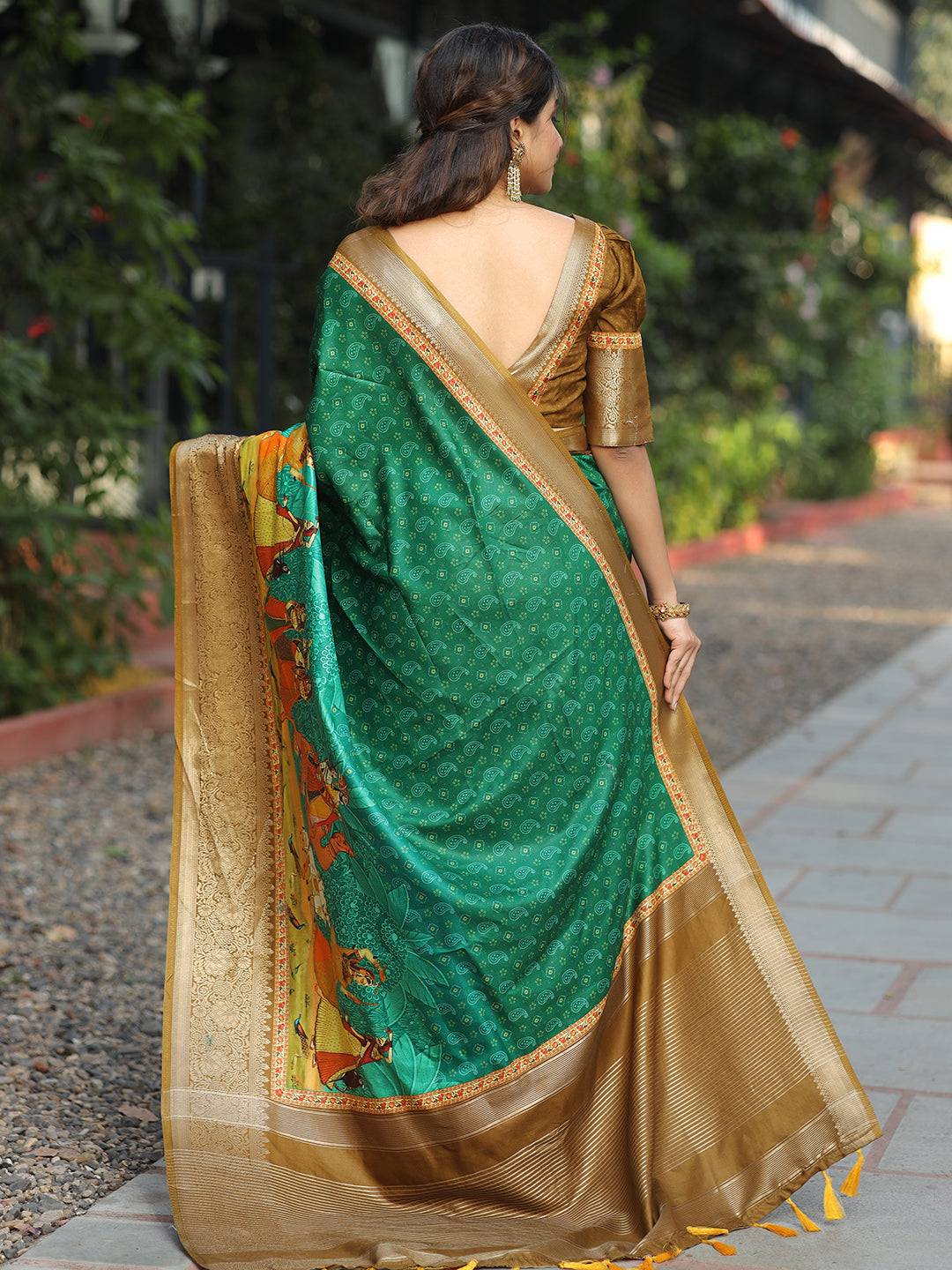 Viscose Dola Silk Turquoise Colour Saree with Floral and Mughal Print - Luxe