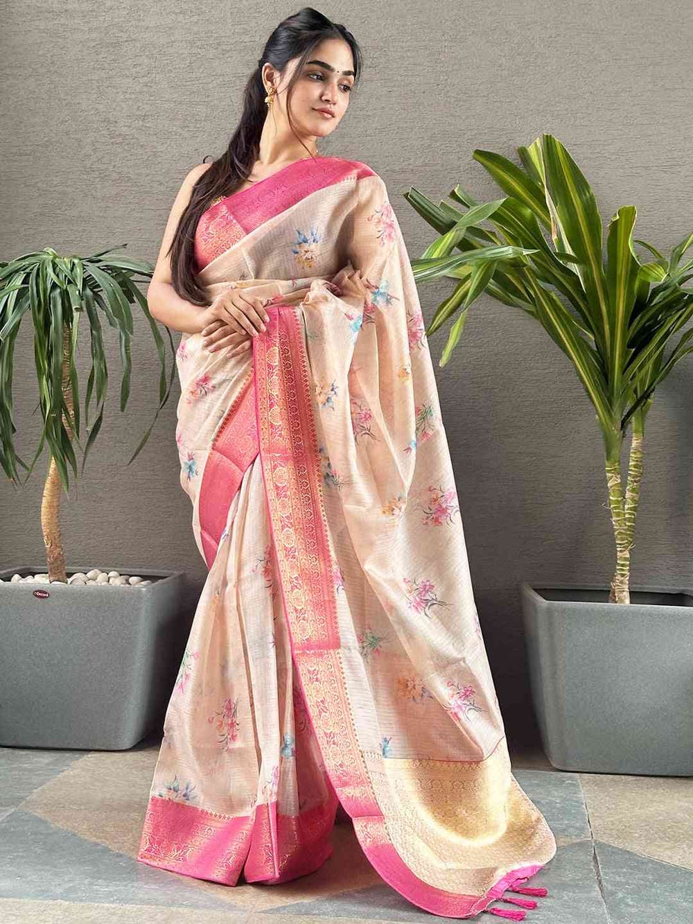 Peach Colour Digital Flower Print Kota Silk Saree