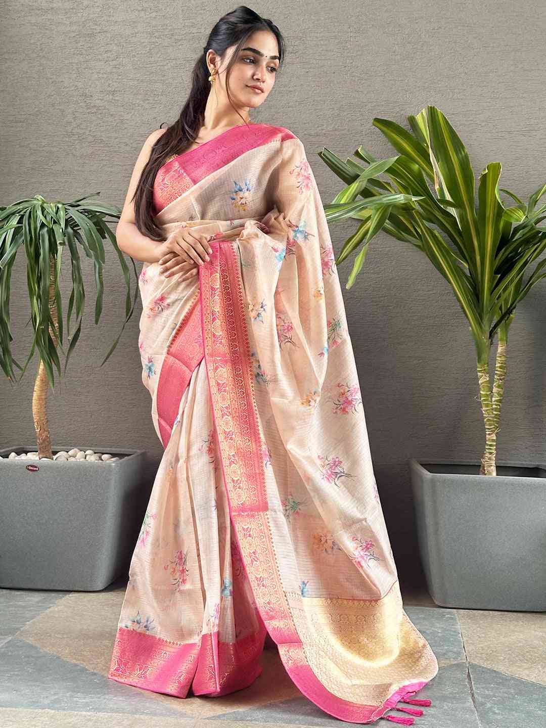 Peach Colour Digital Flower Print Kota Silk Saree