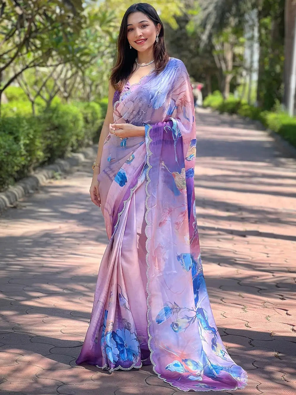 Lust Lavender Satin Georgette Floral Print Saree
