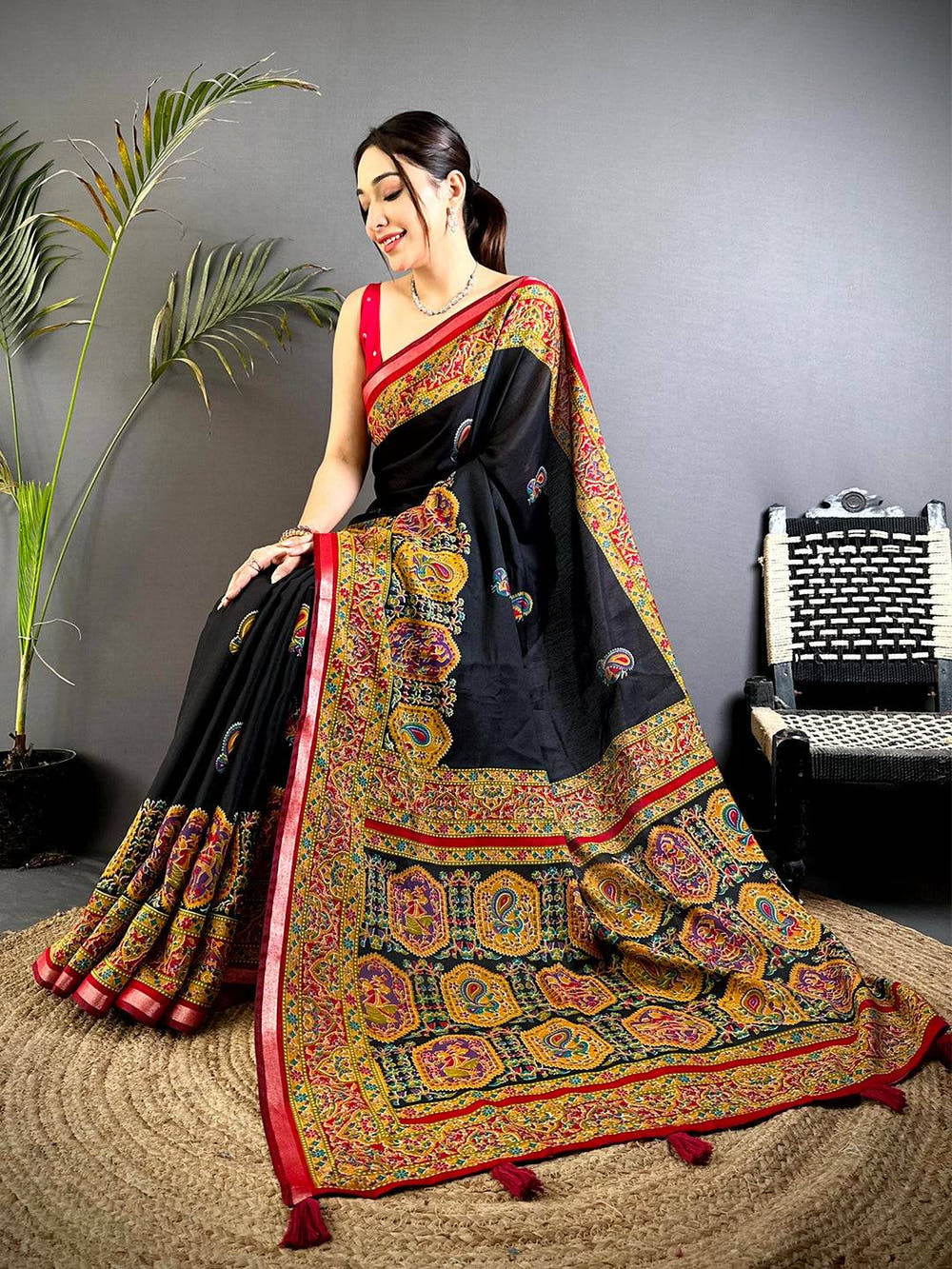 Black Kalamkari Pashmina Cotton Saree