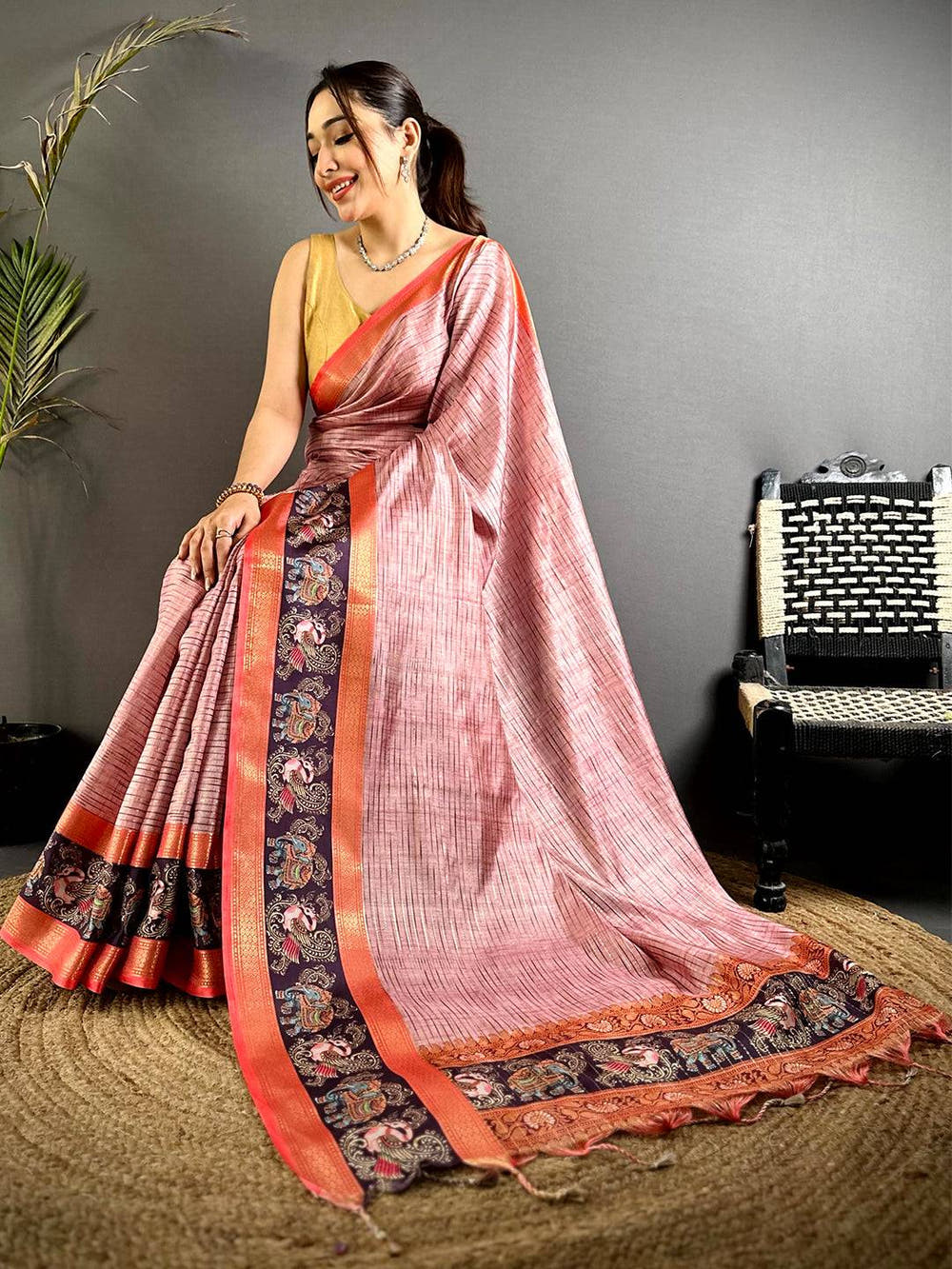 Blush Pink Tanjore Print Silk Saree