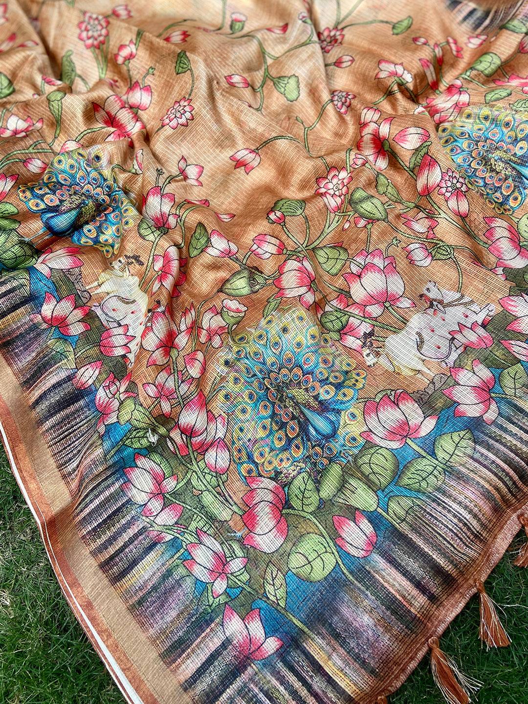Stylish Soft Kota Doriya Silk Saree with Pichwai Prints and Rich Pallu