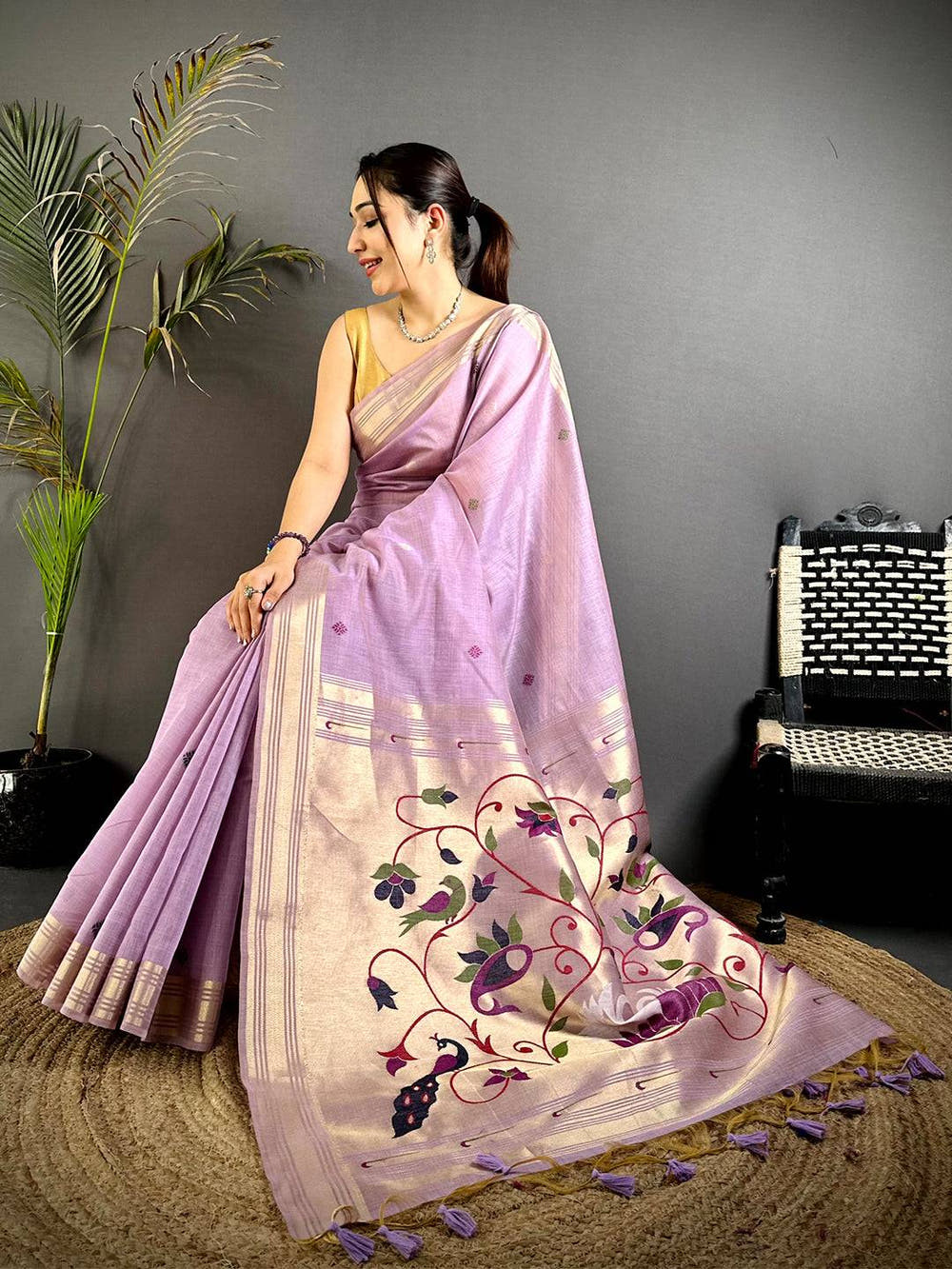 Lavender Swan Minakari Linen Saree