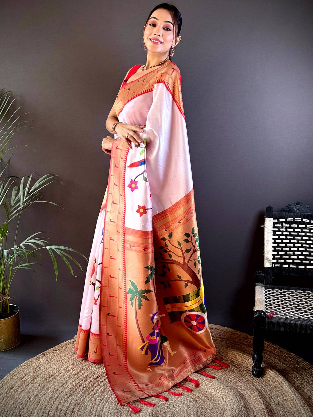 Minakari Soft Silk Bird Print Saree
