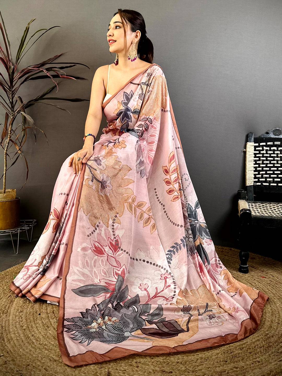Light Pink Stone Work Floral Chinnon Saree