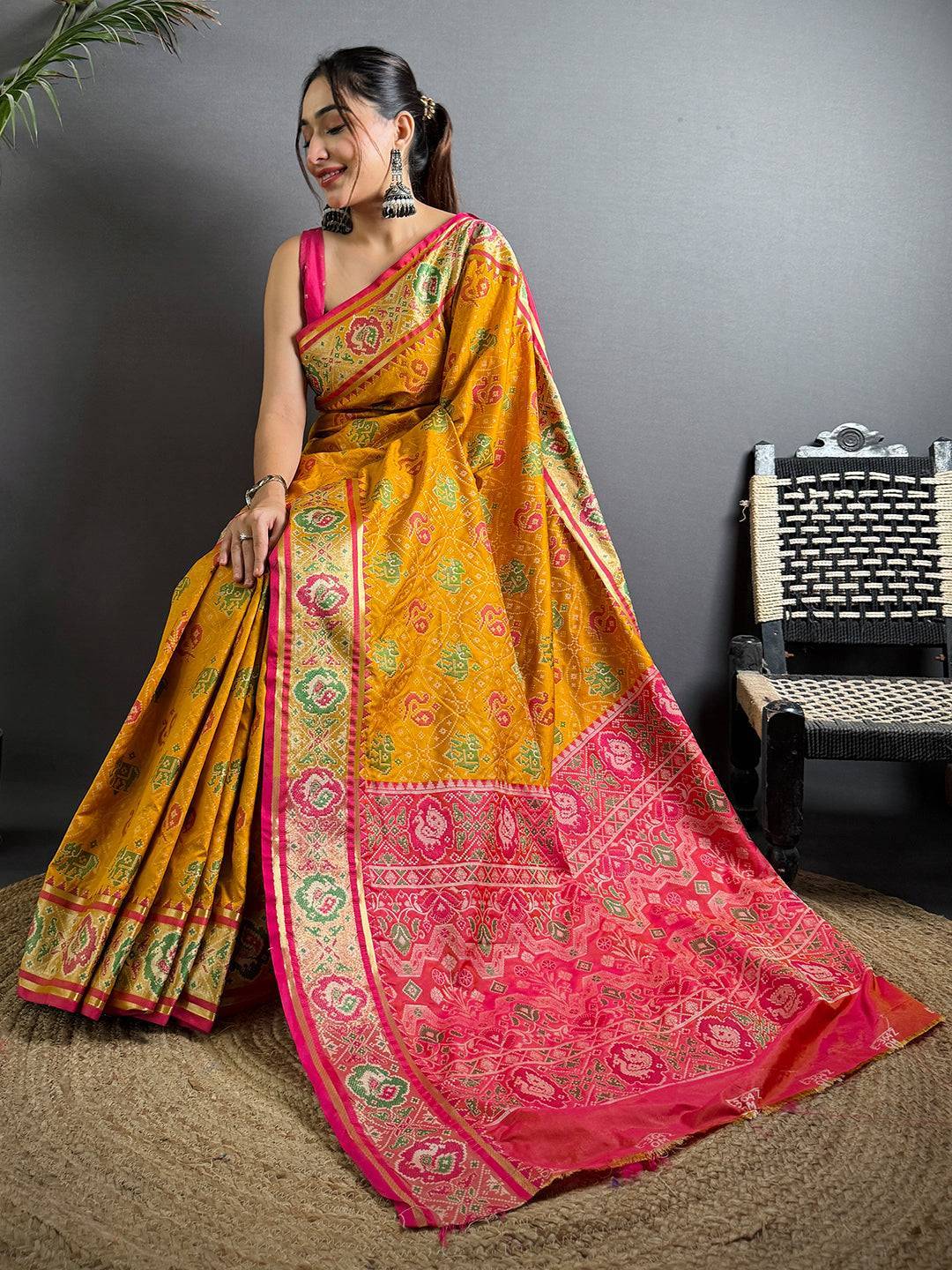 Elegant Yellow Pochampally Patola Silk Saree