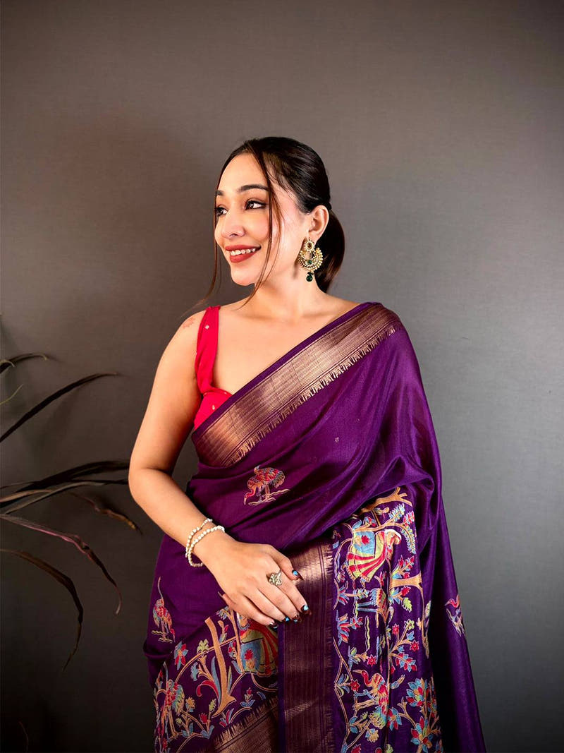 Dark Purple Shade Printed Dola Silk Saree
