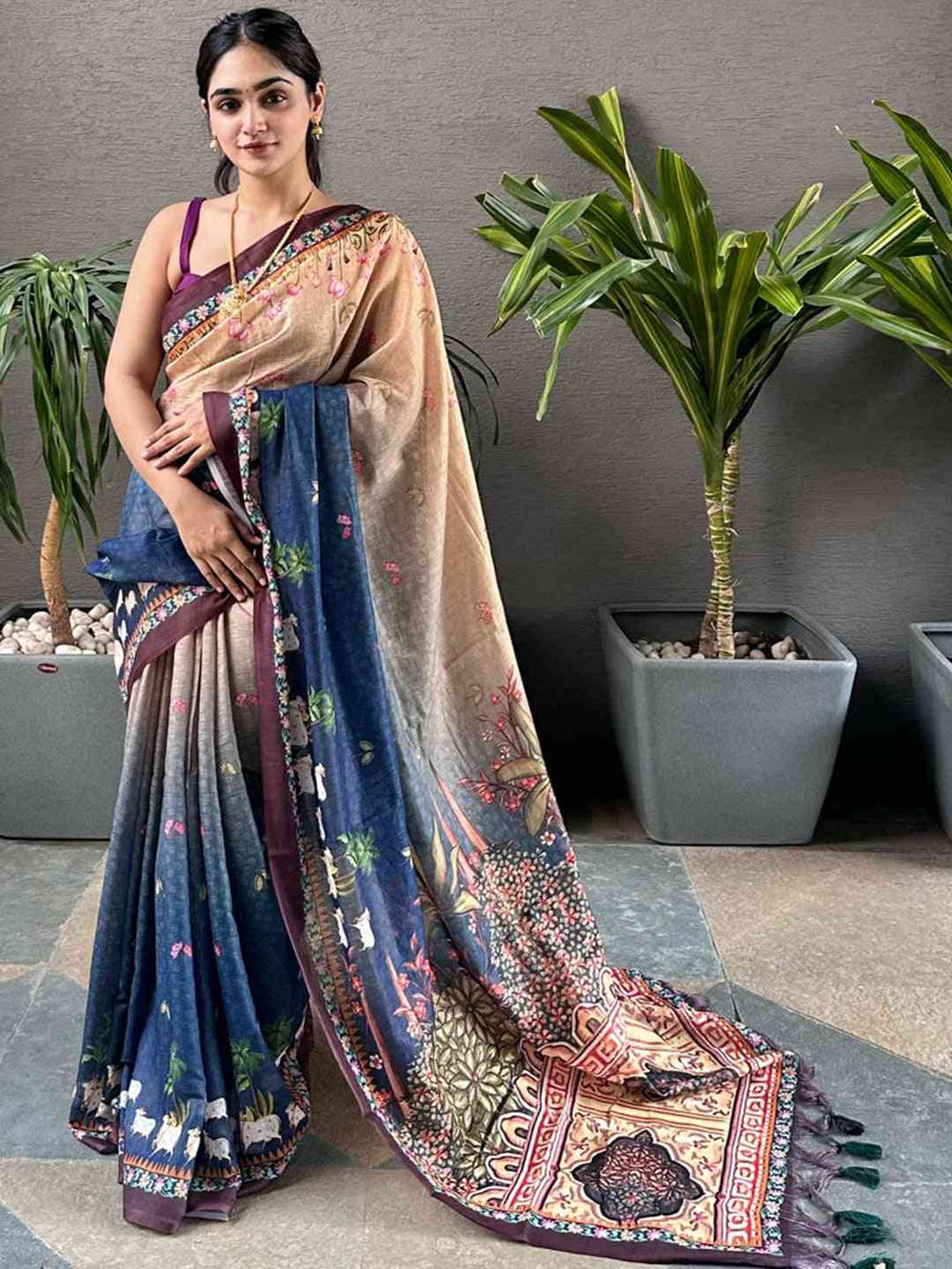 Soft Linen Ombre Pichwai Printed Blue Colour Saree