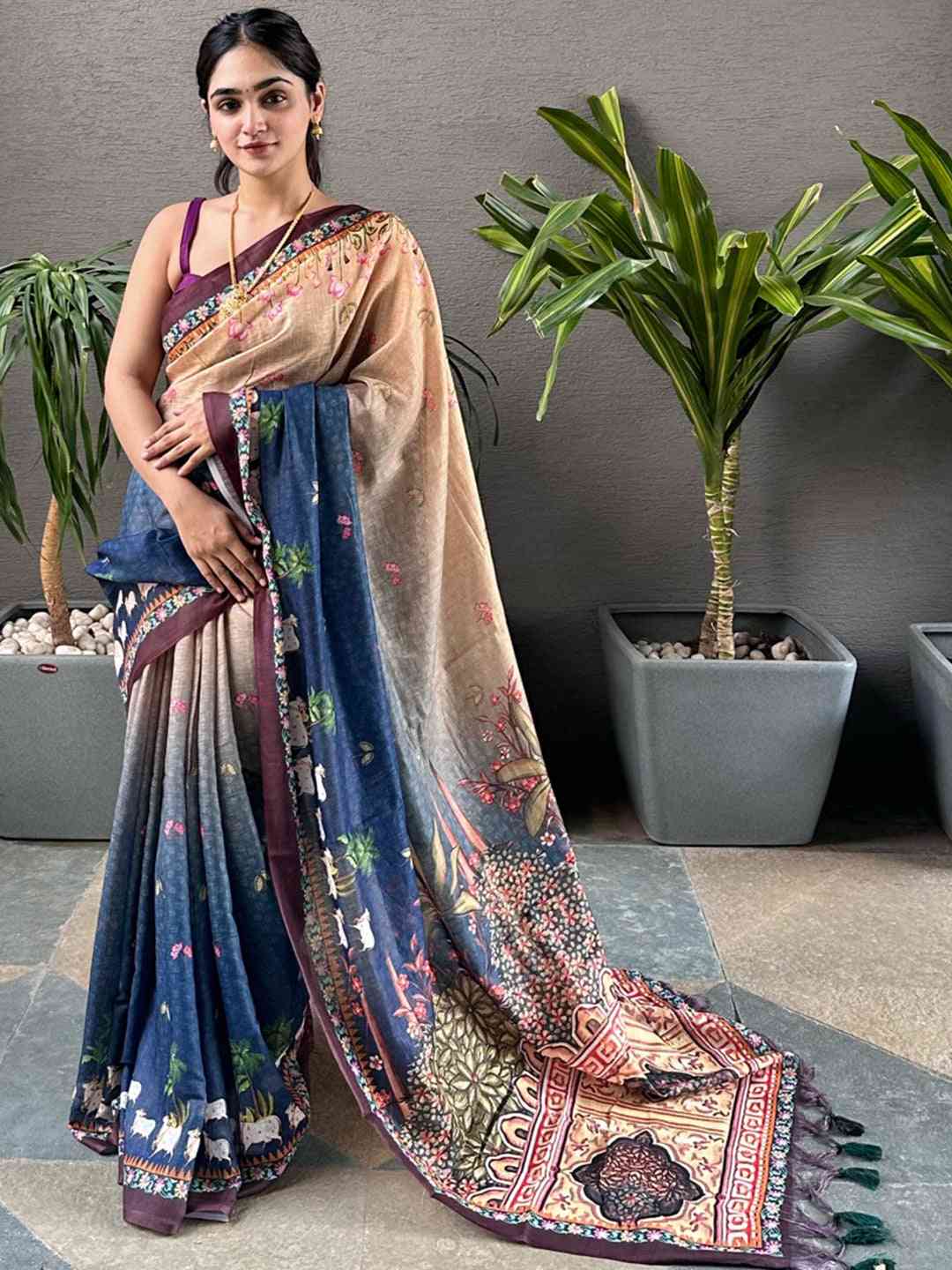 Soft Linen Ombre Pichwai Printed Blue Colour Saree