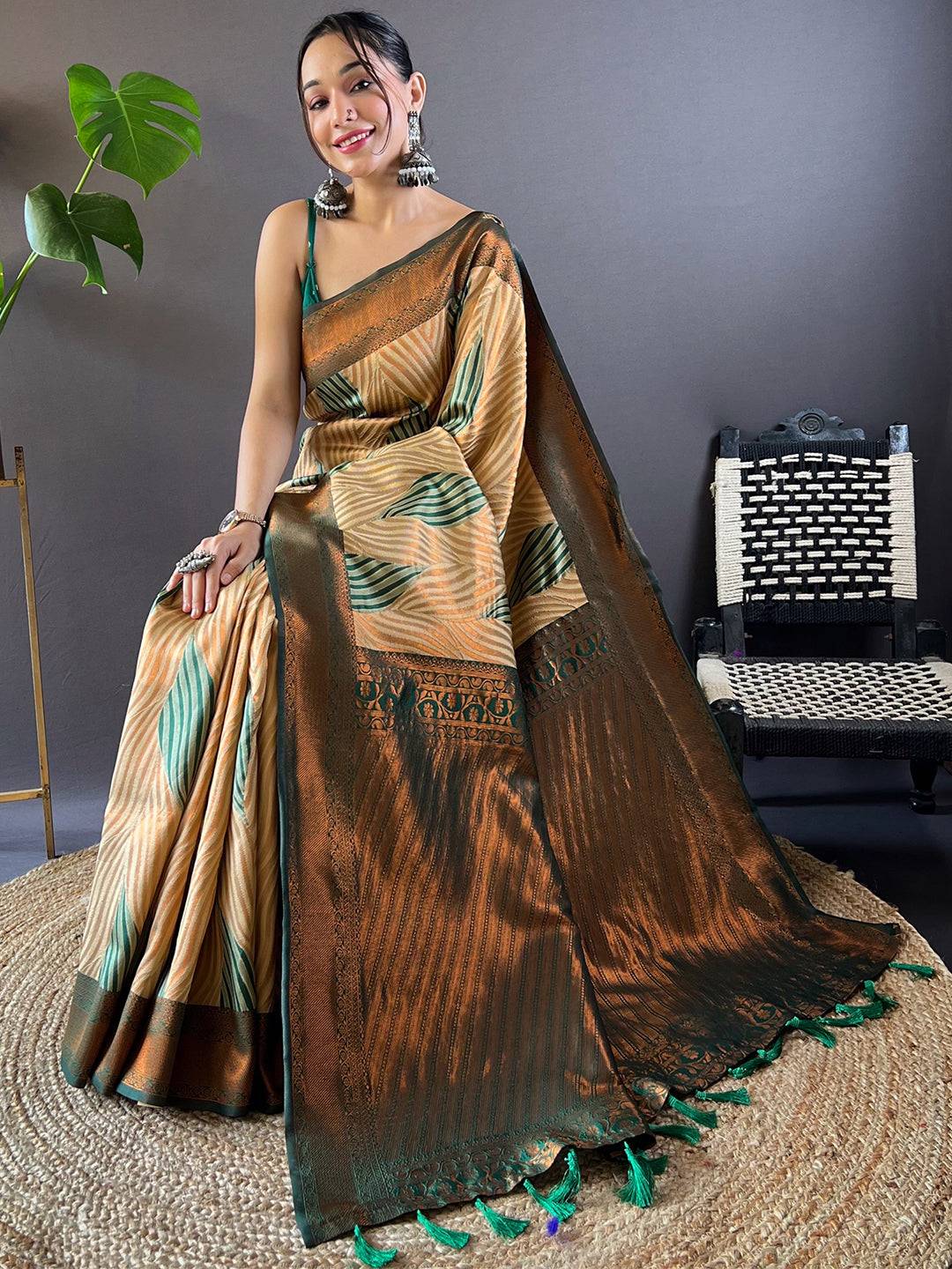 Brown Tussar Silk Zari Weaving Ikkat Saree