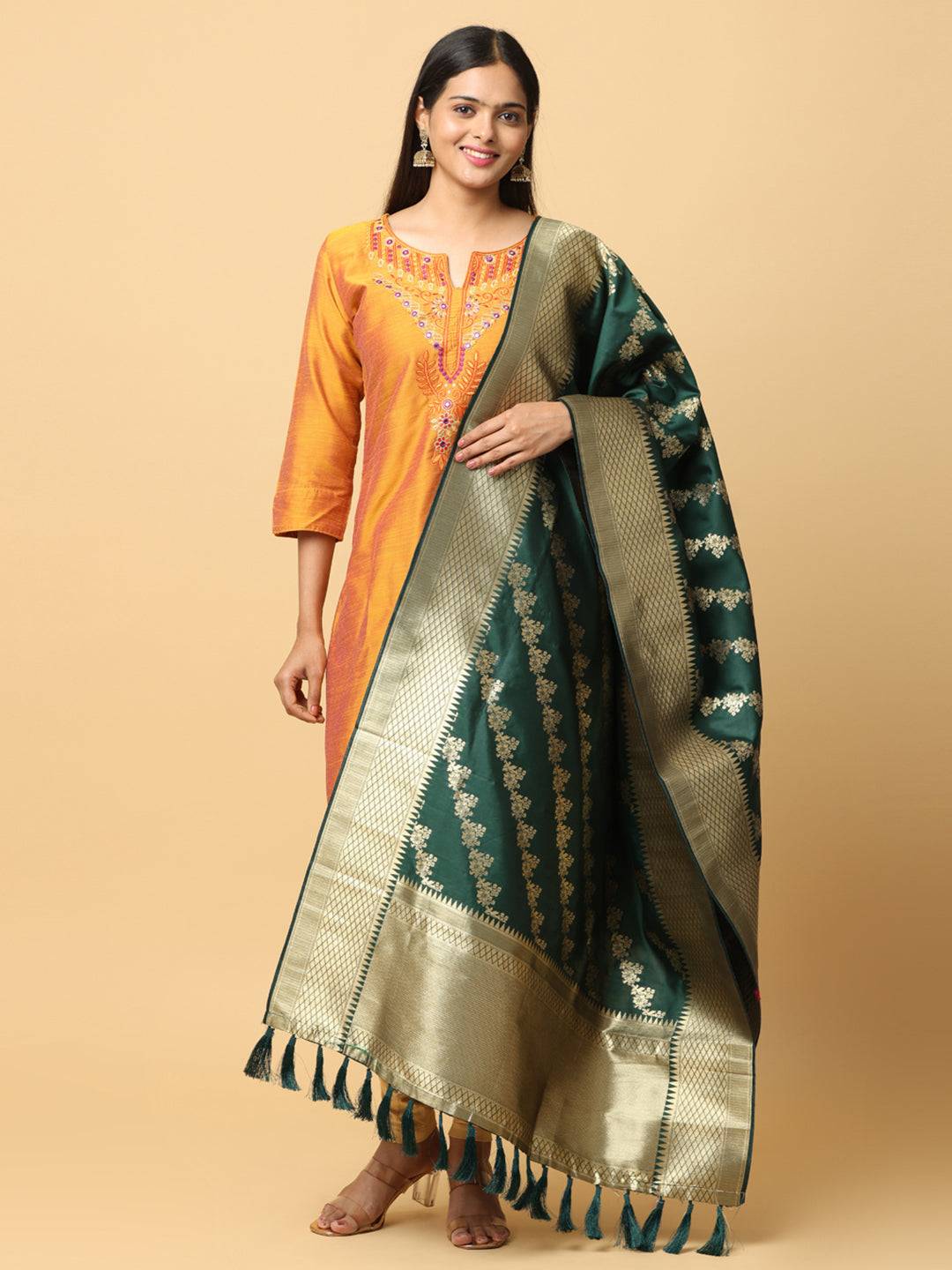 Bottle Green Colour Woven Design Dupatta