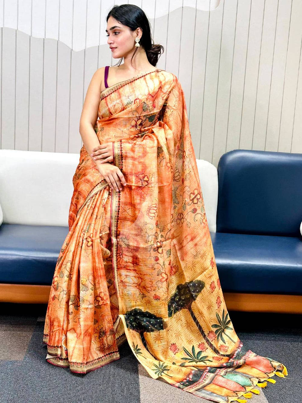 Orange Kota Doriya Silk Saree With Floral Print