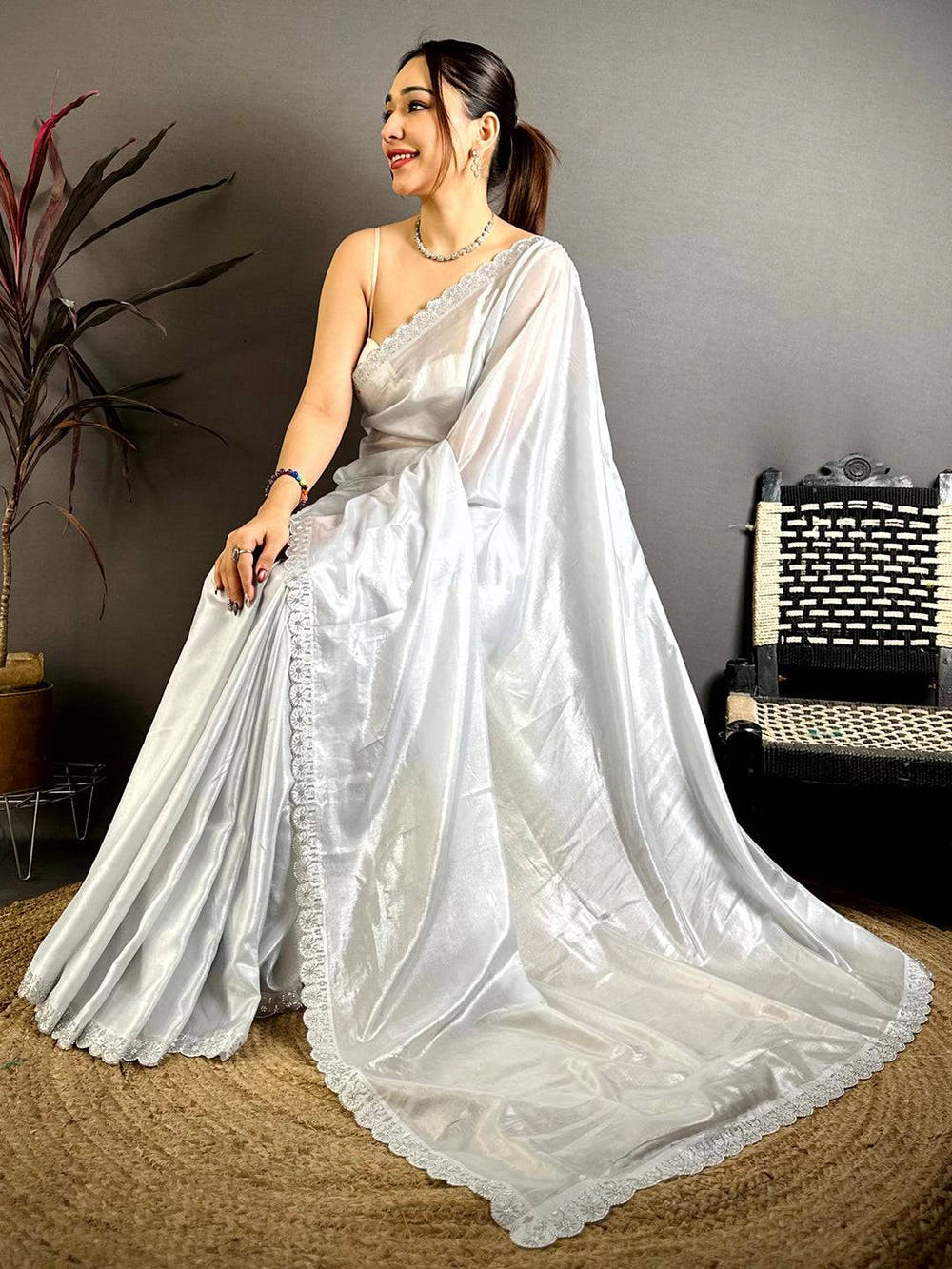 Opulent Silver Glass Stone Work Silk Saree