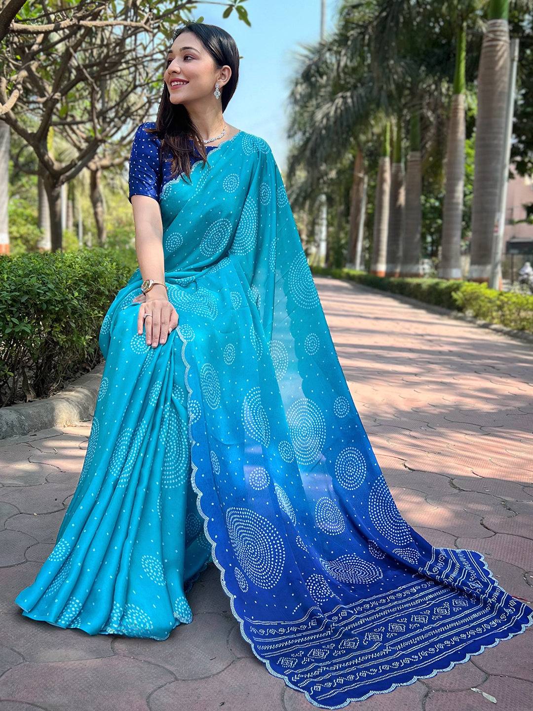 Turquoise Ombre Bandhej Georgette Silk Saree