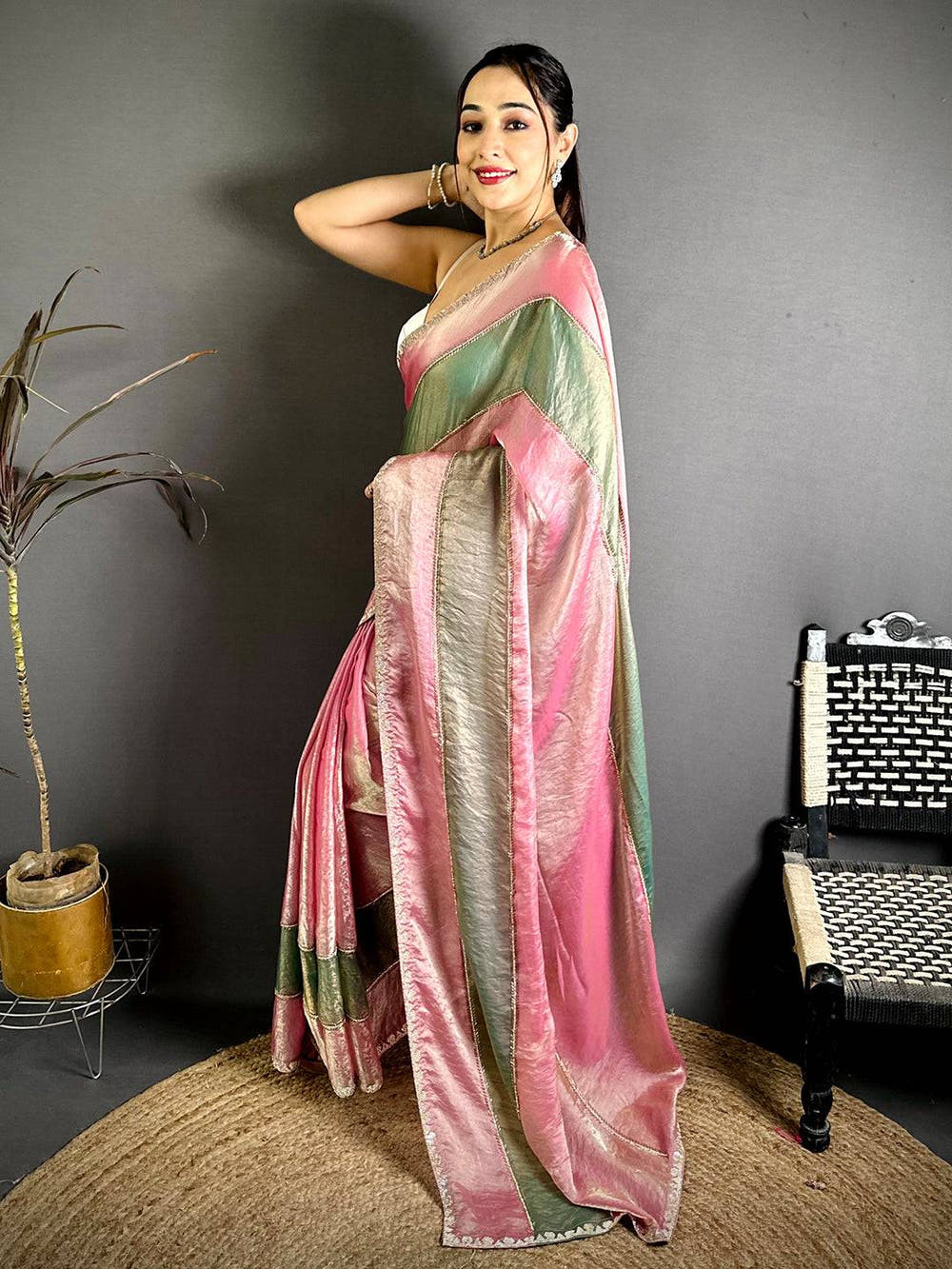 Opulent Satin Tissue Diamond Work Saree