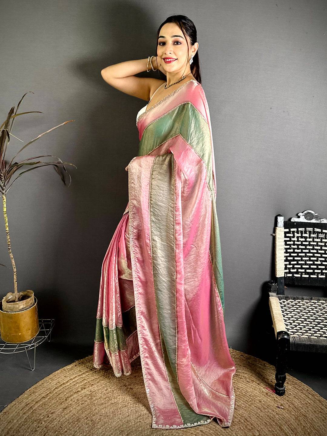 Opulent Satin Tissue Diamond Work Saree