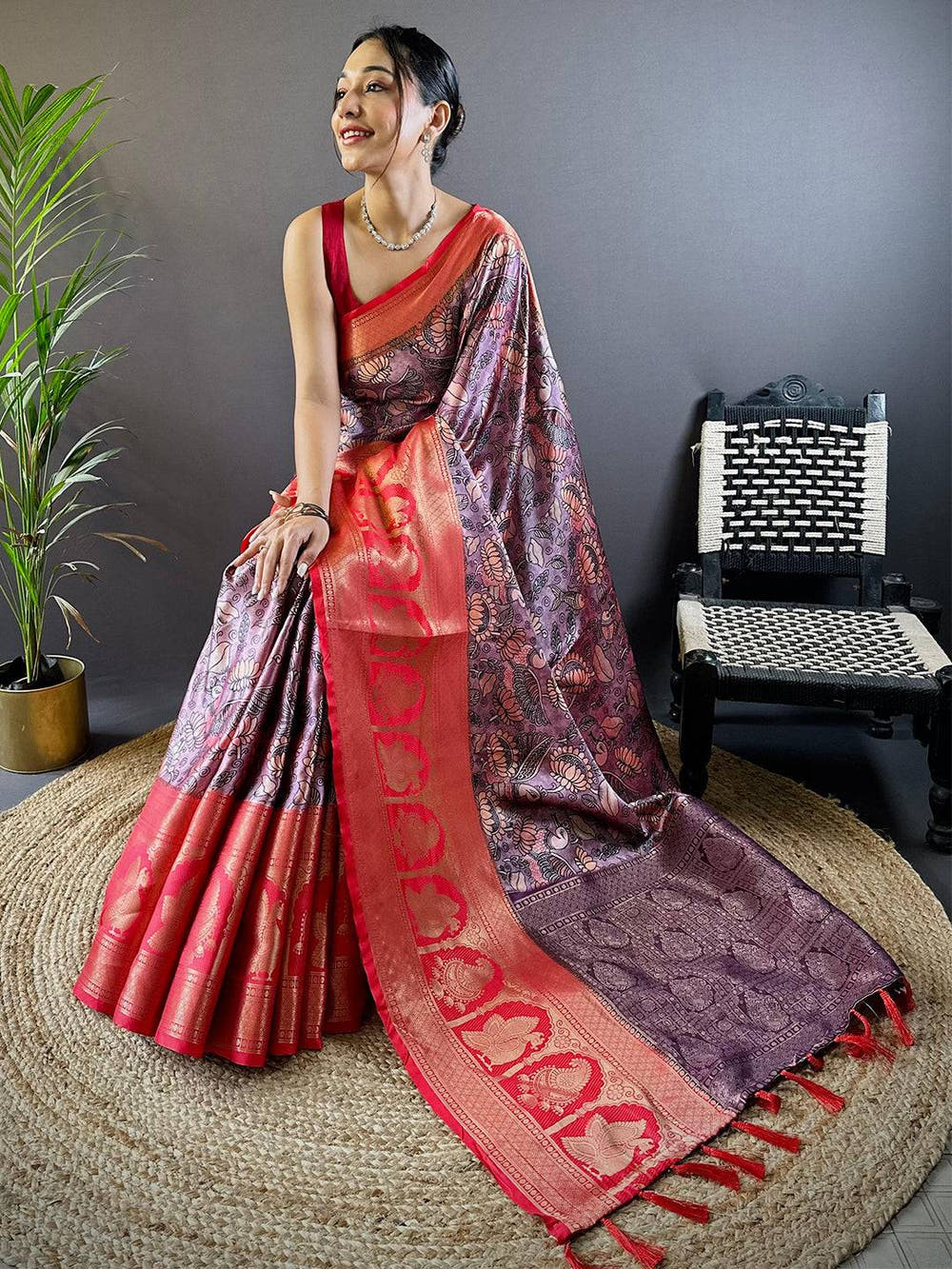 Cherry Satin Silk Kalamkari Saree