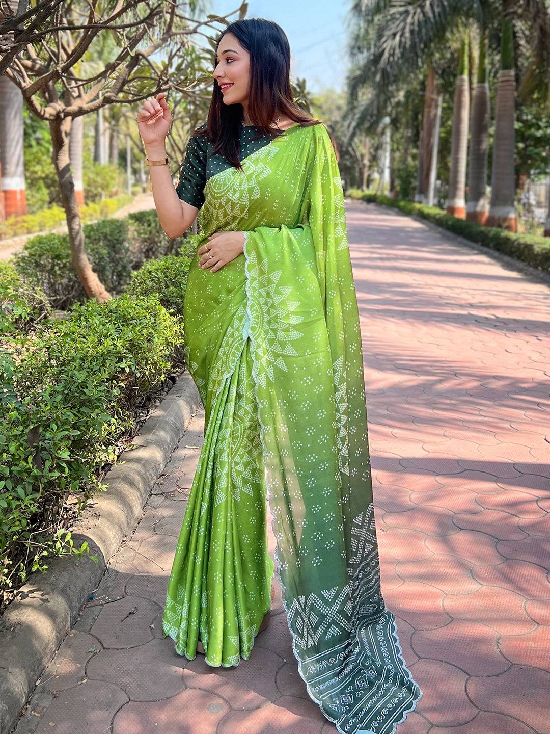 Green Ombre Bandhej Georgette Silk Saree
