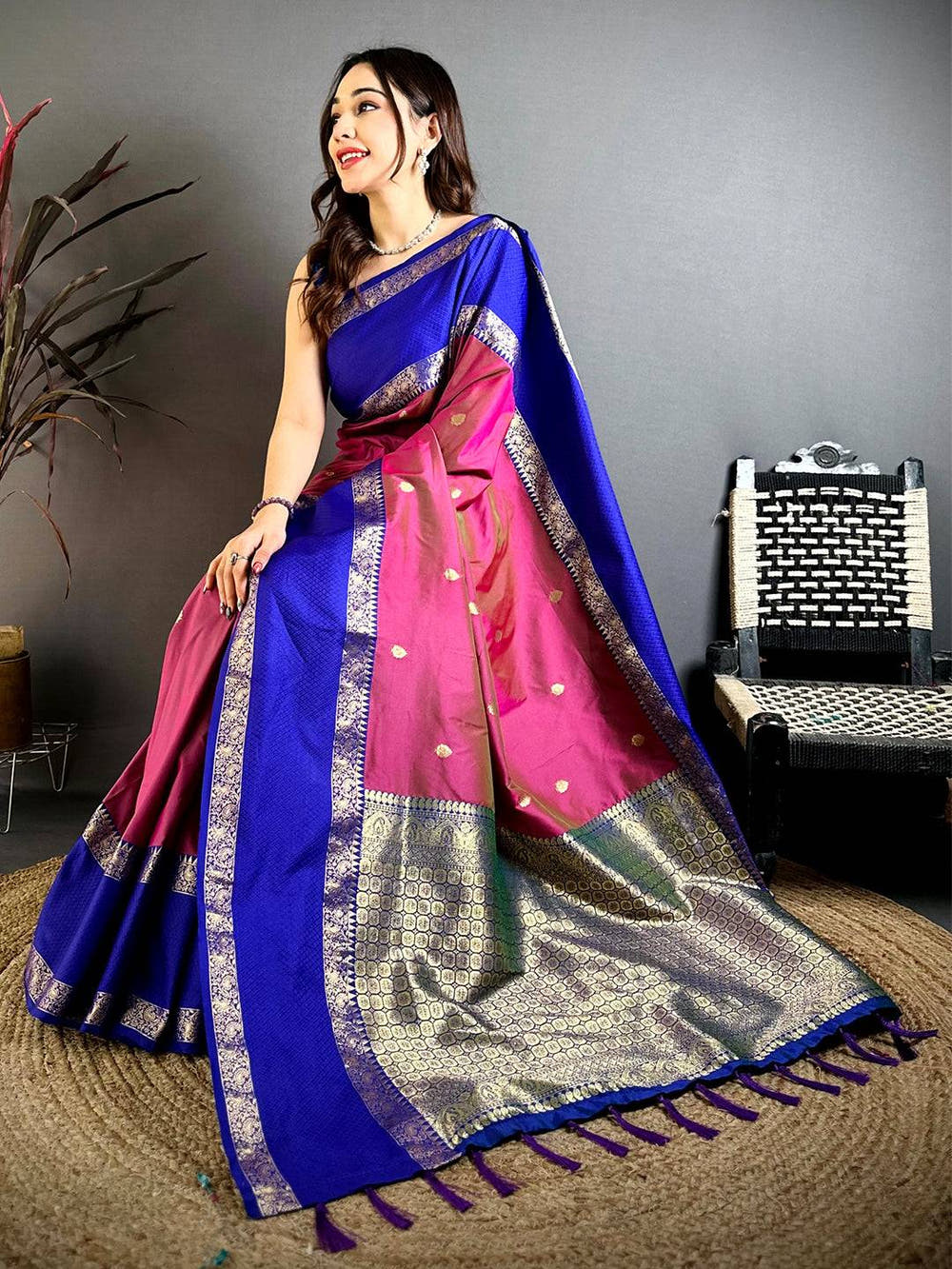 Wine  Dual  Tone  Gadwal  Saree