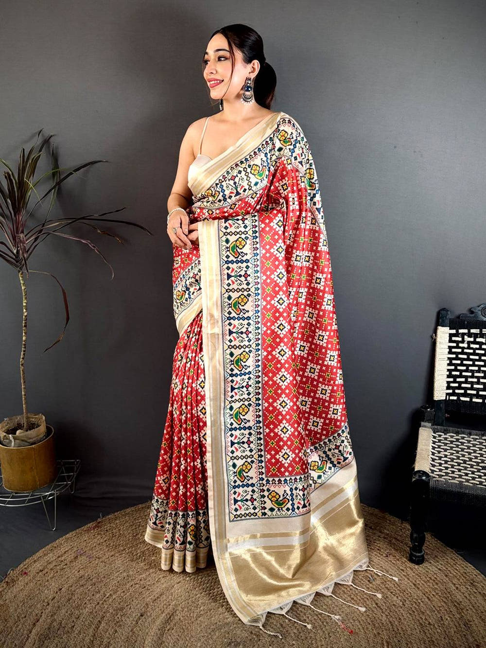 Ivory Red Allover Patola Kanchi Saree