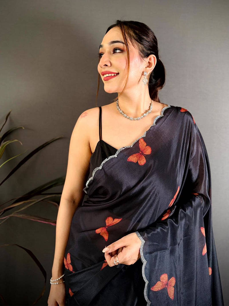 Black Soft Chinnon Butterfly Print Saree